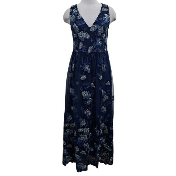 Carmen Marc Valvo Infusion Embroidered Floral Whimsygoth Party Dress Size 8 Navy - Picture 6 of 15